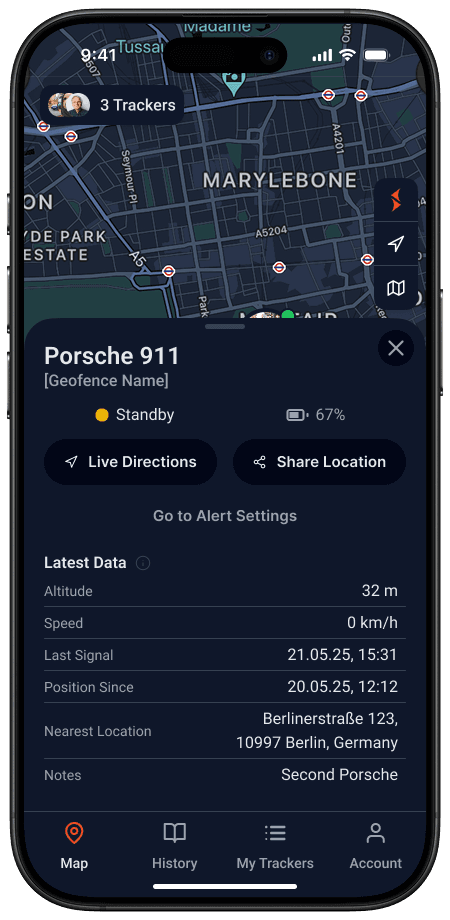 Tracker detail — latest data, movement and location history