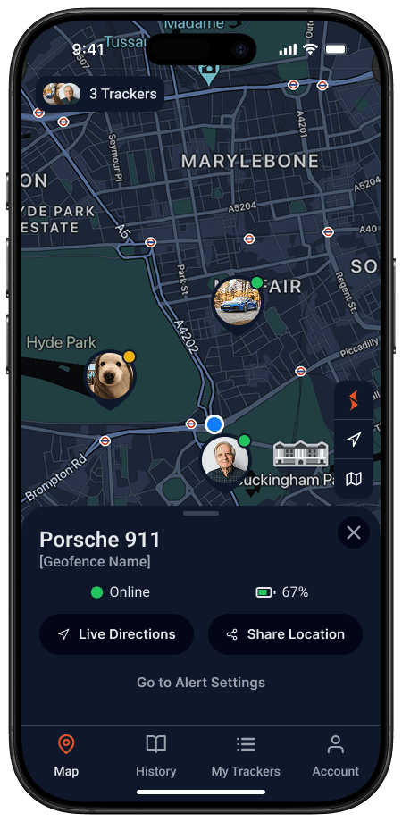 A tracker selected — status, battery and quick actions surfaced in context