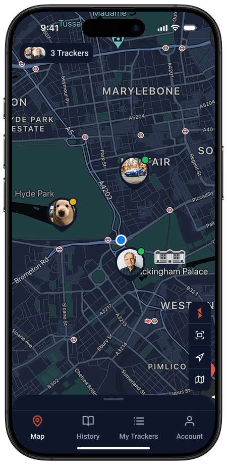 Redesigned map with three trackers — car, pet and family member in clear context