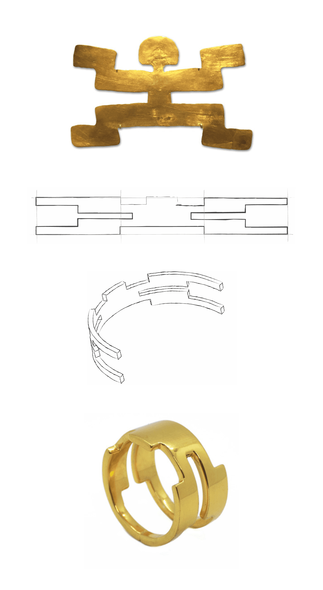 From heritage to hand: a pre-Colombian gold figure, its technical drawing, a 3D sketch, and the finished El Abrazo ring