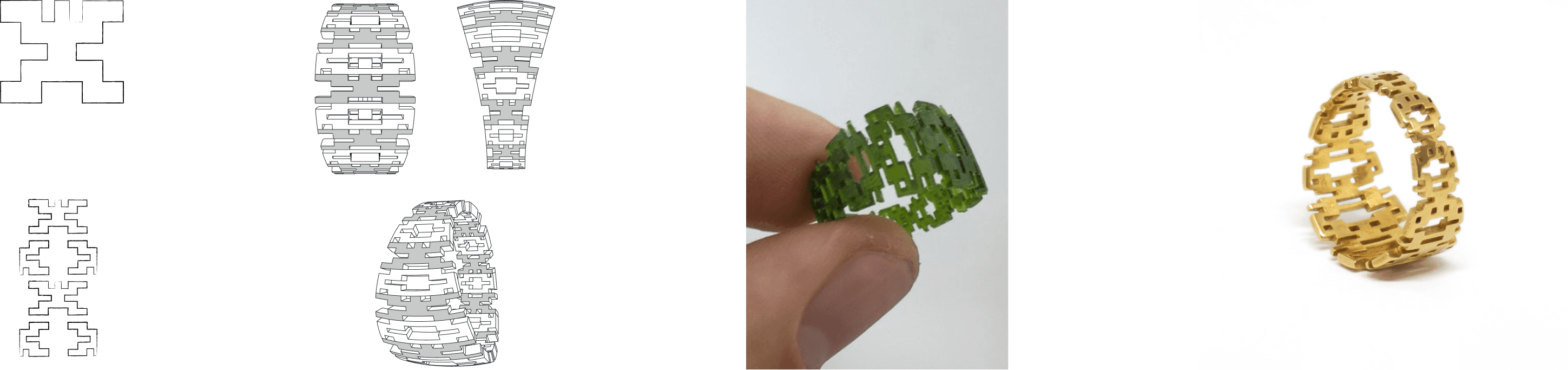 Parametric process for the pixel band: line drawings, unrolled 3D patterns, a green resin print held in hand, and the final gold band